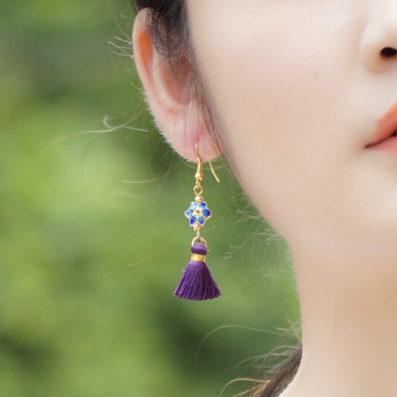 Lotus Flower Tassel Earrings - Picture 4 of 7